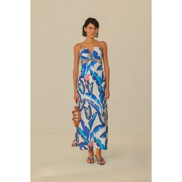 Farm Rio Dresses & Skirts - NWOT FARM RIO Linen Off-White Blue Foliage Maxi Dress Size L